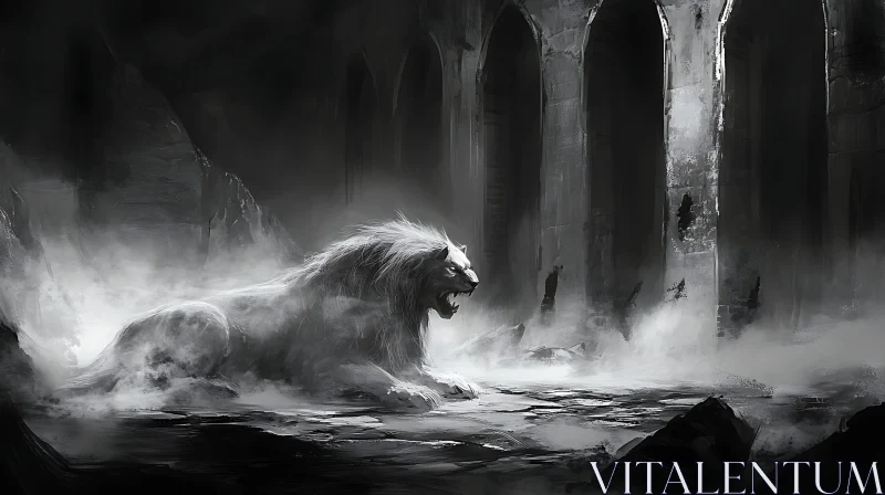 Enigmatic Lion Amidst Mist and Ruins AI Image