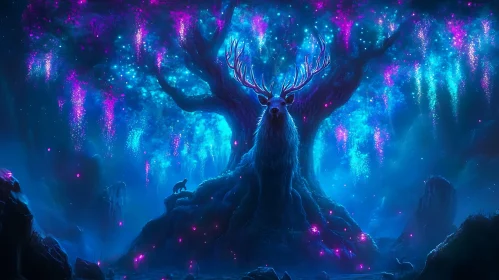 Fantasy Forest with Luminous Tree and Deer