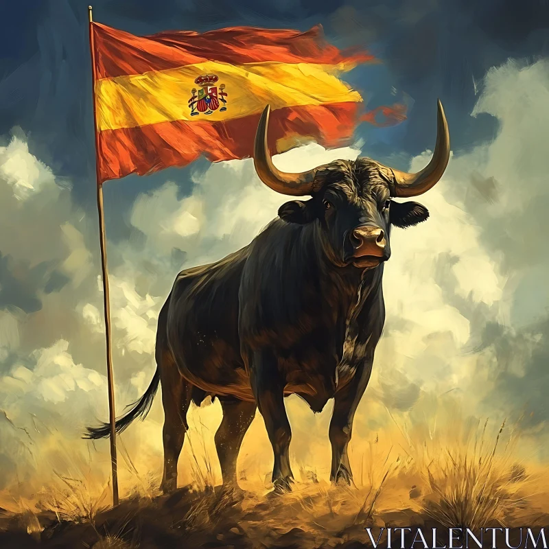 Powerful Bull Symbolizing Spain under a Dynamic Sky AI Image