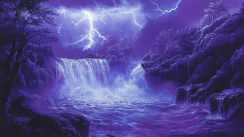 Waterfall Amidst a Lightning Storm in Purple Tones