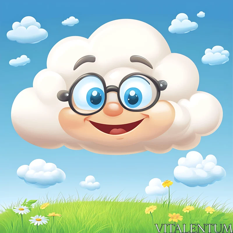 Happy Cloud with Glasses Over a Flower Field AI Image