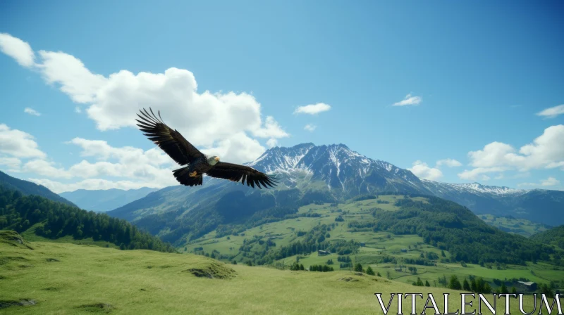 Eagle Soaring Above Verdant Valley - Wildlife and Landscape AI Image