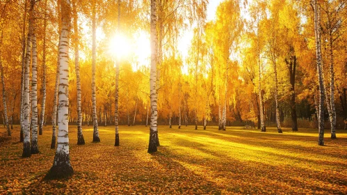 Golden Autumn Birch Trees in Sunlit Forest