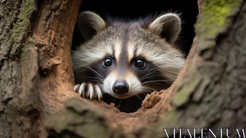Soft-Focus Capture of a Raccoon Peeking Out of a Tree Hole AI Image