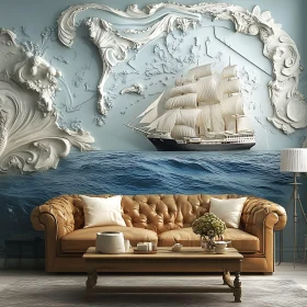 Elegant Room with Detailed Ship Wall Sculpture