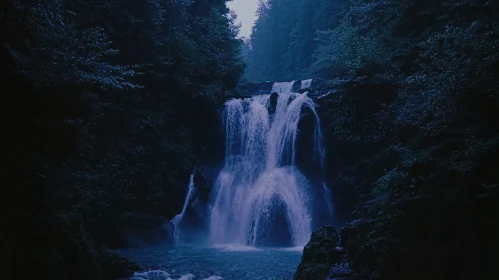 Tranquil Waterfall Amidst Forest at Dusk