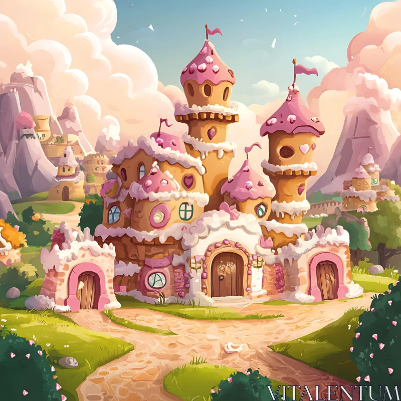 Whimsical Candy-Covered Castle in a Lush Fantasy Setting AI Image