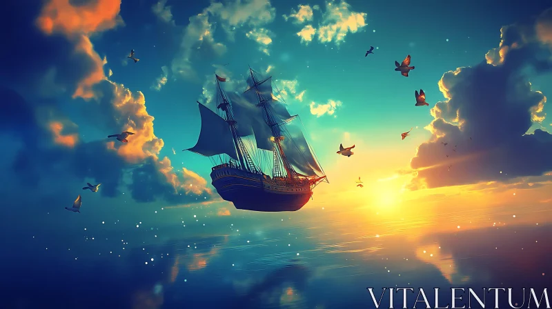 Magical Ship at Sunset with Flying Birds AI Image