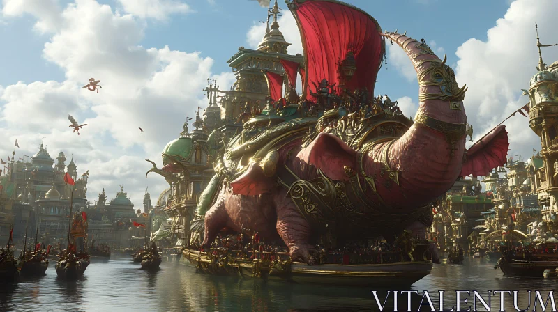 Fantasy Scene with Floating Pink Elephant and Ornate City AI Image