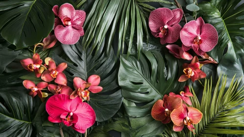 Tropical Orchid Arrangement Amidst Lush Greenery