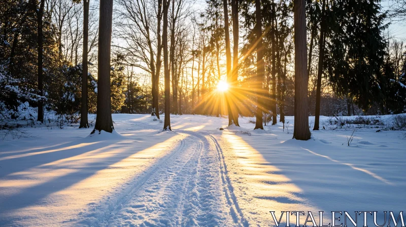 AI ART Sunrise Through Snow-Covered Forest