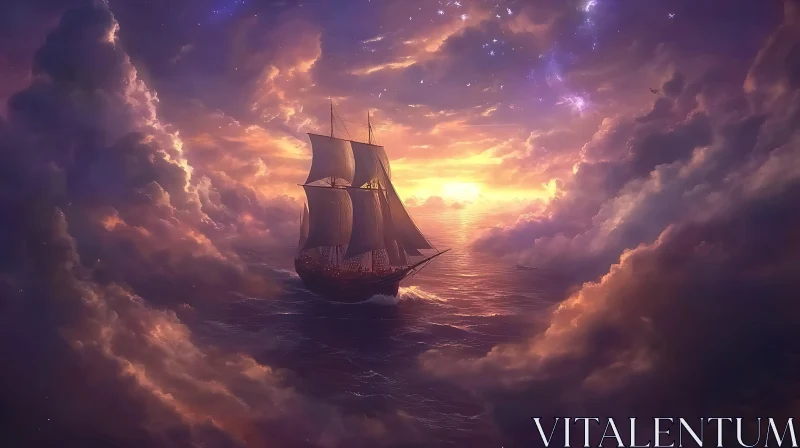 Sailing Ship in Golden Sunset AI Image