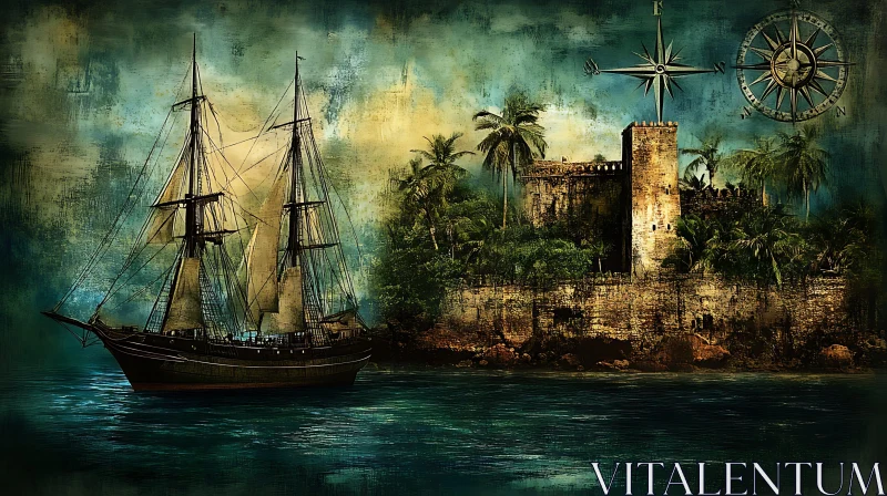 Ship, Castle & Island Scene with Compass Rose AI Image