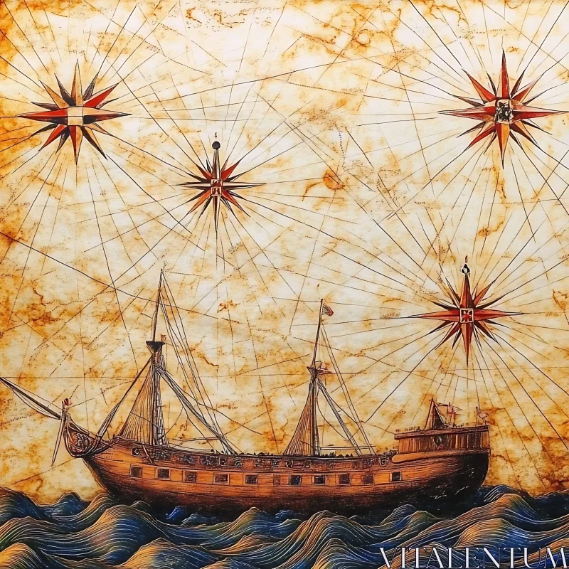 Vintage Maritime Navigation With Ancient Ship AI Image