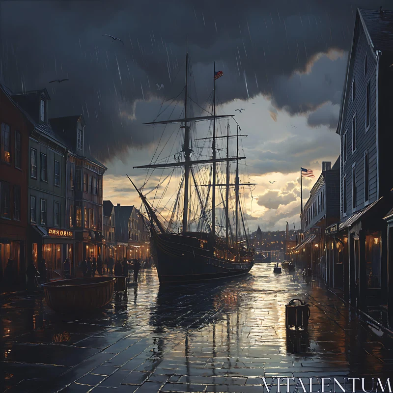 Moody Harbor Scene with Historic Ship and Cobblestone Streets AI Image