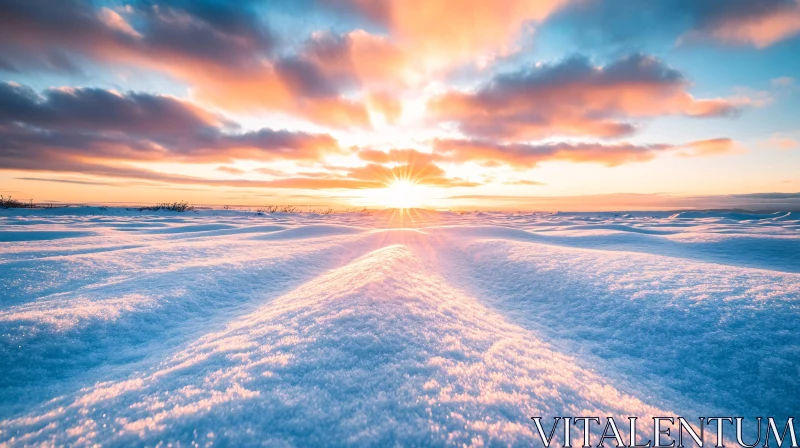 AI ART Tranquil Morning with Sun Rising Over Snow