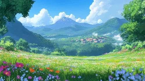 Idyllic Village and Flower Meadow Overlooked by Mountains