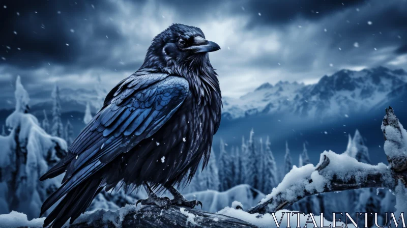 Blue Raven on Snowy Mountain - Spooky Nature Wonders AI Image