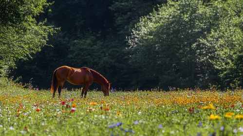 Peaceful Horse in Blooming Meadow