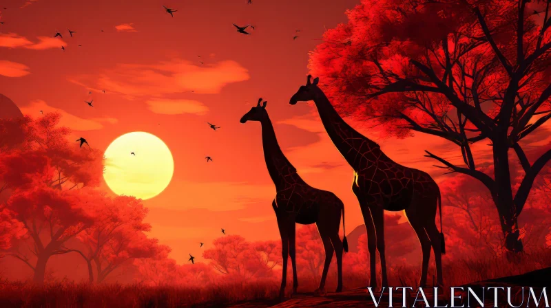 Romantic Savannah Illustration: Giraffes Amidst Trees AI Image