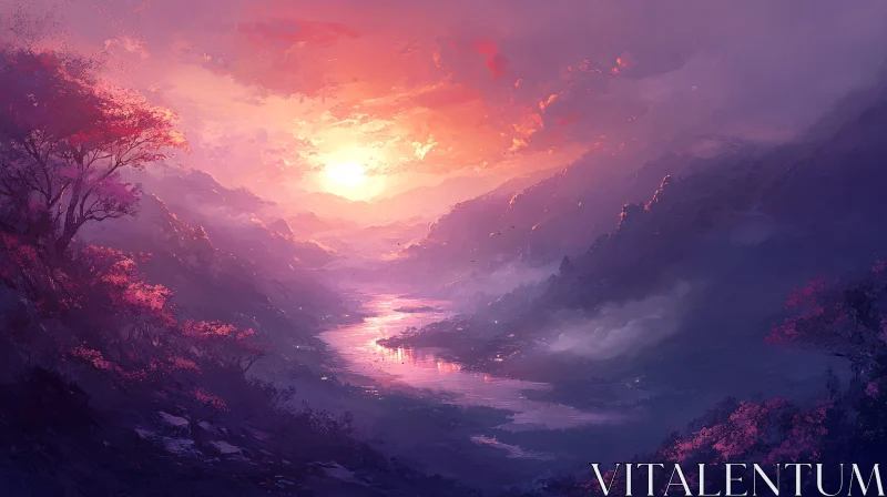 Mountain Sunset with River and Misty Hills AI Image