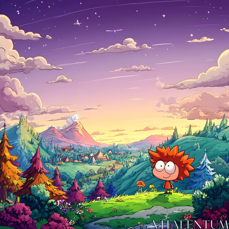 Sunset Cartoon Scene with Forest and Mountains AI Image