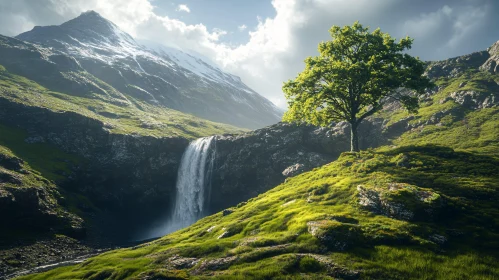 Majestic Mountain with Waterfall Scene