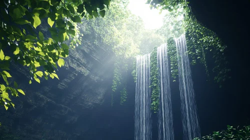 Waterfall Serenity in Nature's Green Cave