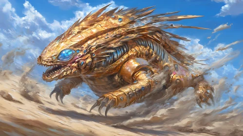 Cybernetic Golden Dragon in Arid Sands