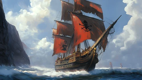 Enthralling Pirate Vessel Navigating Ocean Under Cloudy Sky