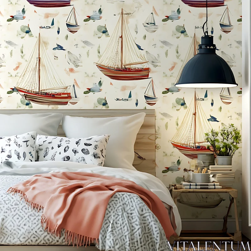 Nautical Decor: Sailboat Wallpaper in Bedroom AI Image