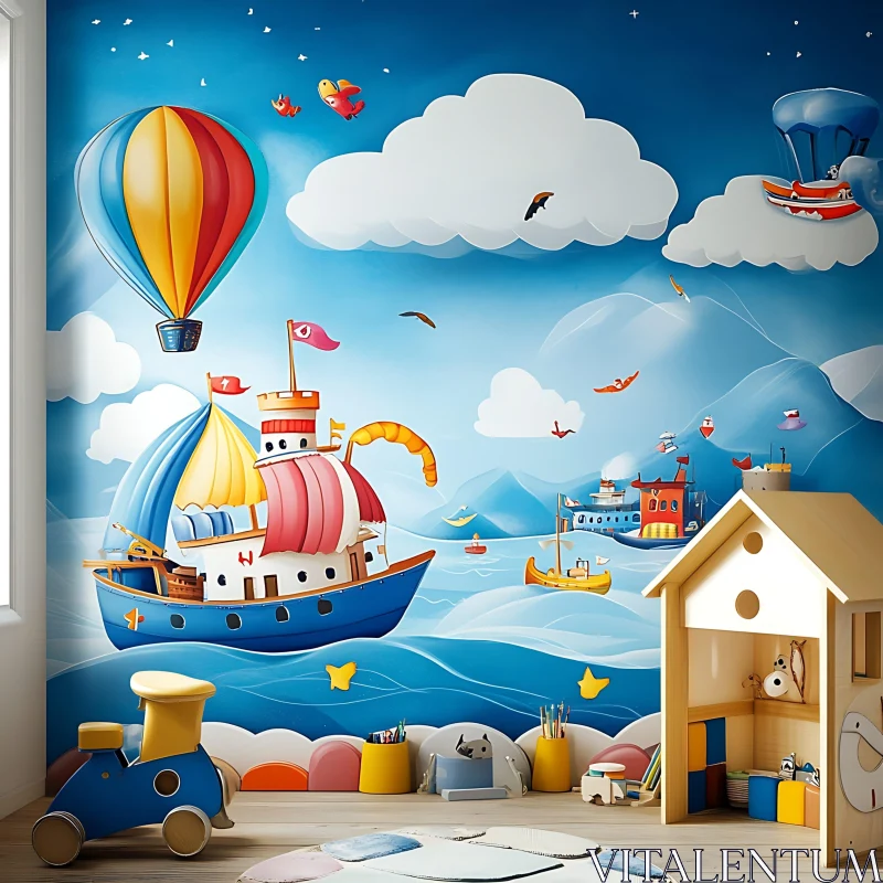 Colorful Kids Room with Fun Sea-Themed Mural AI Image