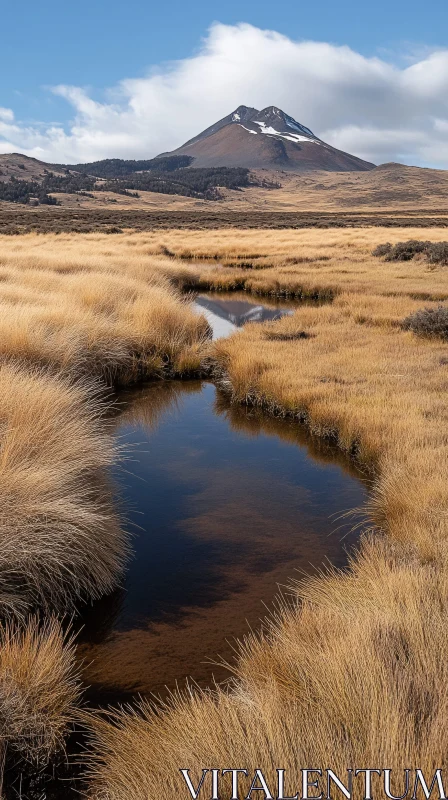 Golden Grass Fields and Majestic Snow-Capped Peak AI Image