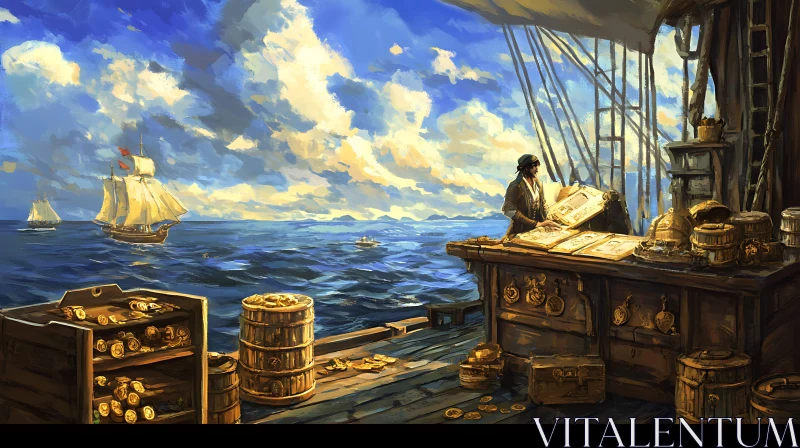 Navigator at Sea with Treasure and Sailing Ships AI Image