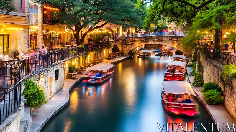 Bustling City Canal at Dusk with Illuminated Boats and Dining AI Image