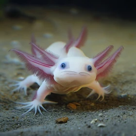 Curious Axolotl Resting on Sandy Bottom with Pink Gills