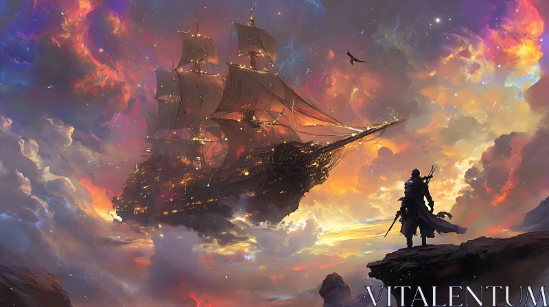 Adventure Awaits with Skyship and Warrior at Dusk AI Image