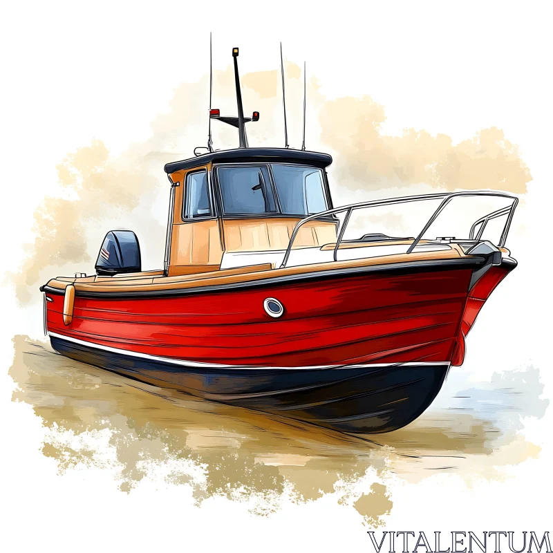 Artistic Depiction of a Small Boat with Red Hull AI Image