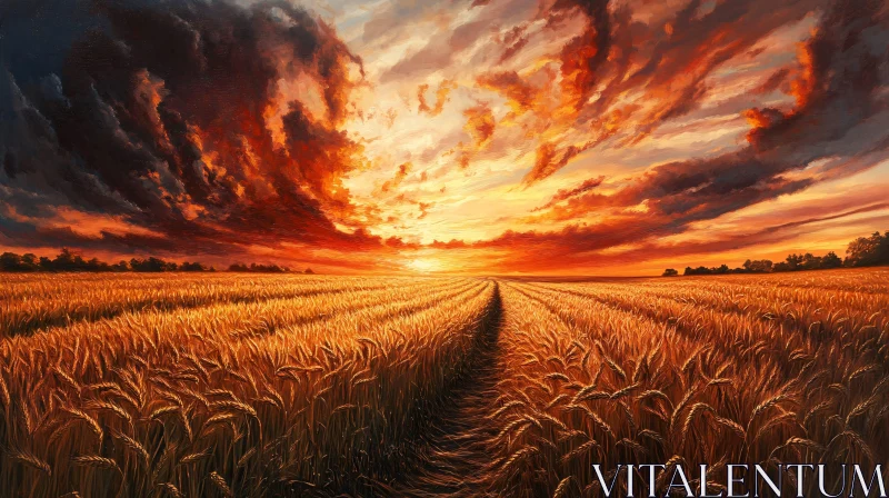 Sunset Over Wheat Field with Dramatic Clouds AI Image