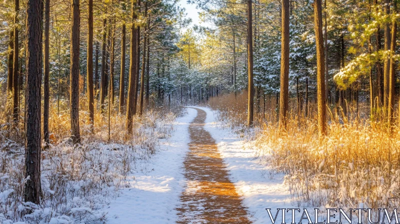 AI ART Peaceful Snow-Covered Forest Path in Sunlight