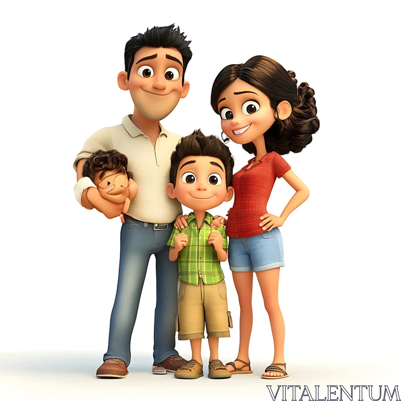 Happy Cartoon Family of Four AI Image