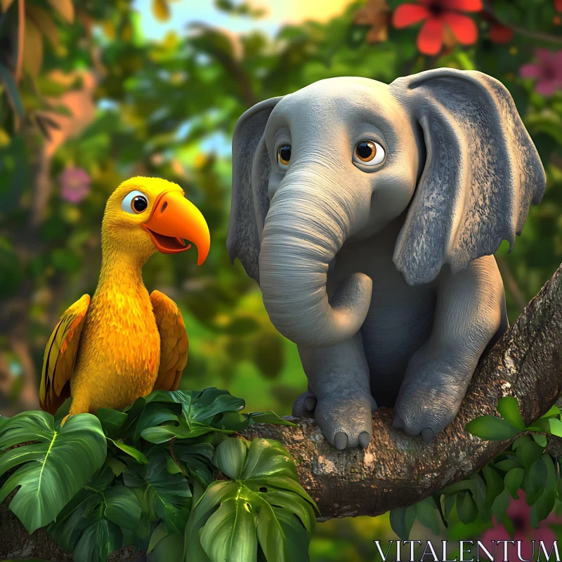 Cute Animated Elephant and Bird AI Image