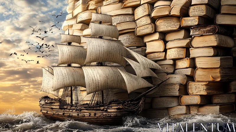 Fantasy Ship of Books Surreal Image AI Image