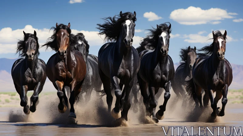 Captivating Time-lapse Style Artwork of Black Horses Galloping in Desert AI Image