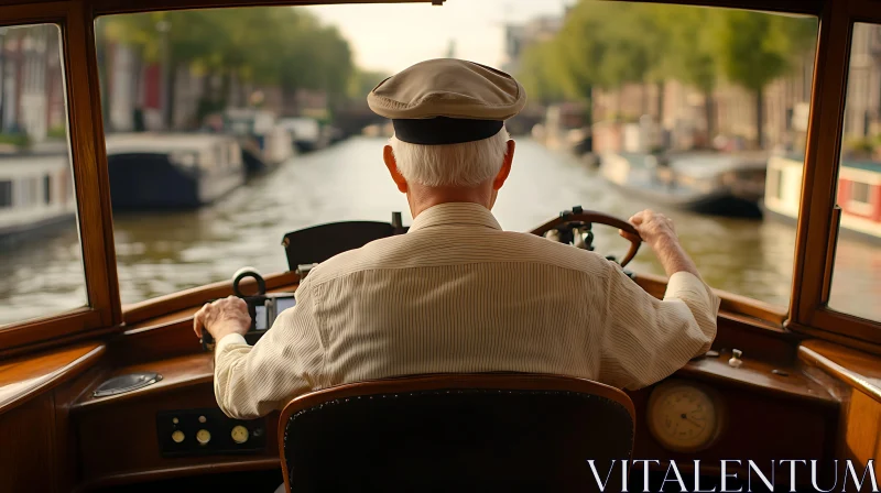 Senior Man Navigating Boat on Canal AI Image