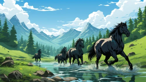 Graphic Novel Art of a Horse Galloping by a River in the Mountains