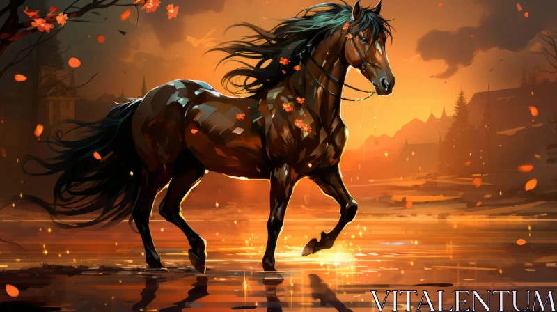 Romantic Riverscape with Horse: Charming Character Illustration AI Image