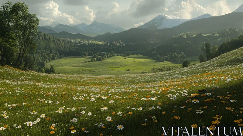 AI ART Picturesque Meadow with Flowers and Mountains