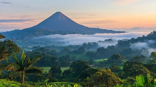 Volcanic Peak and Misty Forest at Daybreak
