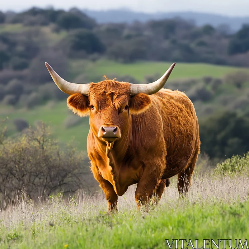 Brown Bull with Large Horns on Countryside AI Image